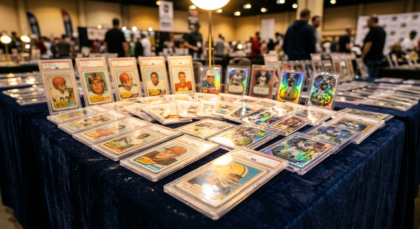 Graded sports trading cards fanned out under a warm spotlight